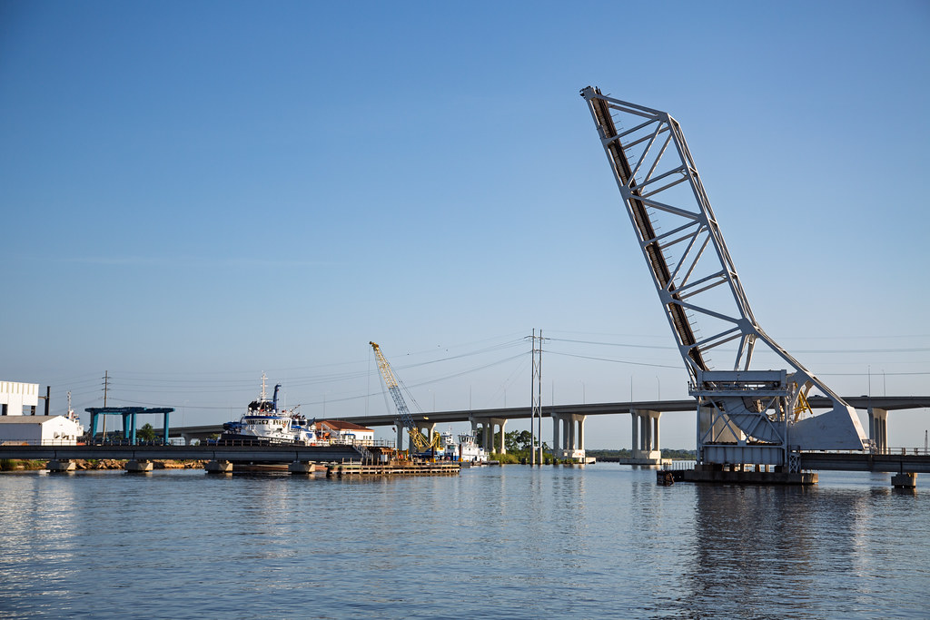 The Pascagoula River drawbridge raised over the water at Pascagoula, Mississippi